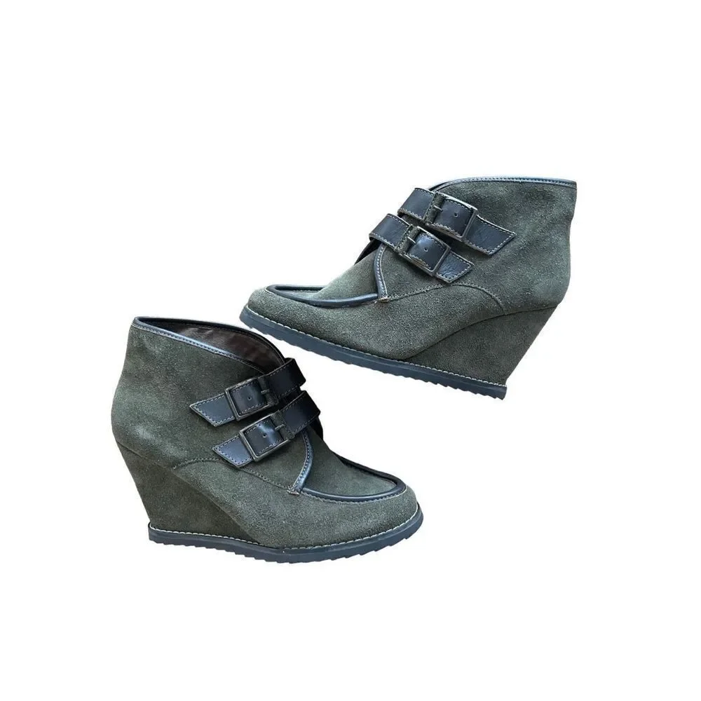 Charles David Womens Olive Green Suede Ankle Boots Wedge Size 8.5